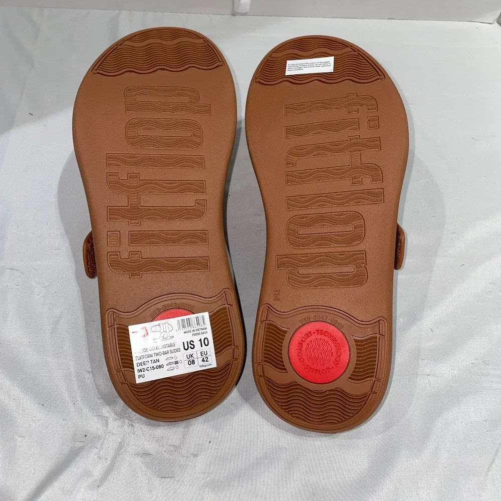 FitFlop F-Mode Go Adjustable Flatform Two-Bar Slides Deep Tan IW2-C15 Womens 10